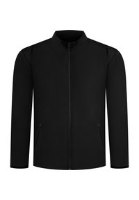 Zwarte zip-up jack met een hoge kraag, lange mouwen en zijzakken. Gemaakt van een gladde, lichte stof met een minimalistisch ontwerp.