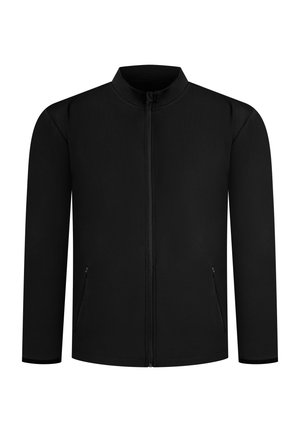 Zwarte zip-up jack met een hoge kraag, lange mouwen en zijzakken. Gemaakt van een gladde, lichte stof met een minimalistisch ontwerp.