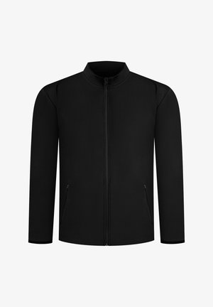 Chaqueta negra con cremallera, cuello alto, mangas largas y bolsillos laterales. Fabricada con un tejido suave y ligero con un diseño minimalista.