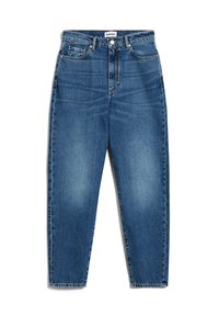 Blue high-waisted denim jeans with a tapered leg, front and back pockets, button and zipper closure, and slight faded detailing.