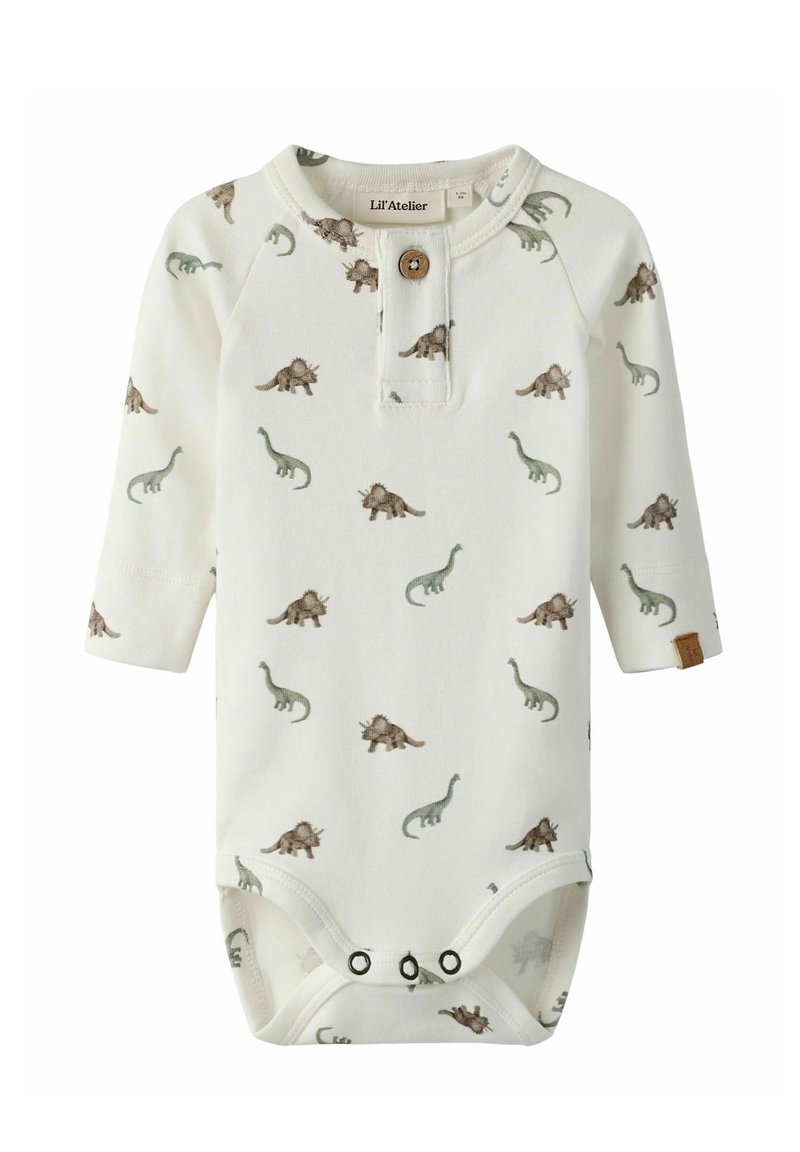 Wit bodysuit met lange mouwen en een dinosaurusprint in groen en bruin. Voorzien van een knoopsluiting bij de hals en drukknoopjes aan de onderkant.