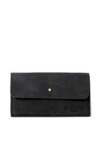 Black leather wallet with a sleek design, featuring a brass snap closure and embossed brand name. Smooth texture with minimal detailing.