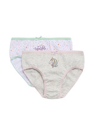 Dos pares de ropa interior de mezcla de algodón. Un par es gris claro con un diseño de unicornio; el otro es blanco con estrellas multicolores y el texto "brillar".