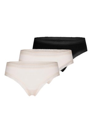 Three women's lace-trimmed hipster panties in black and beige, layered on a white background.