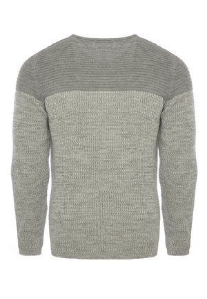 Suéter gris de punto con un cuerpo texturizado y un diseño de hombros acanalado liso y en contraste. Mangas largas, escote redondo y dobladillo ajustado.