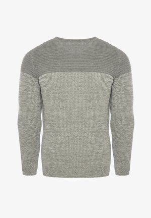 Hallikas kootud sviiter, millel on tekstureeritud keha ja sujuv, kontrastne ribiga õlavarredisain. Pikad varrukad, ümmargune kaelus ja kehaümber hoidvad äärised.