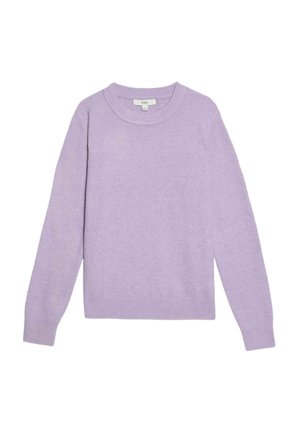 Lila gebreide trui met een ronde halslijn, lange mouwen en geribbelde manchetten en zoom. Zachte textuur, aansluitend design en lichtgewicht materiaal.