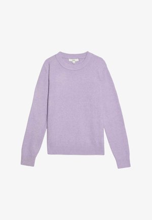 Lila gebreide trui met een ronde halslijn, lange mouwen en geribbelde manchetten en zoom. Zachte textuur, aansluitend design en lichtgewicht materiaal.