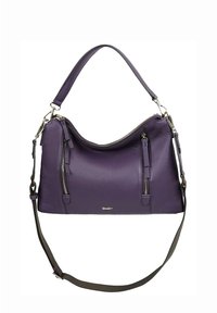 Sac à main en cuir violet avec une finition texturée, équipé de poches zippées, d'un dessus incurvé et d'une bandoulière amovible en vert olive.
