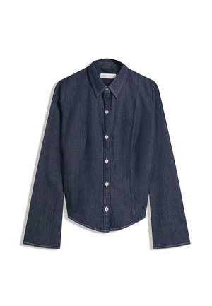 Dark blue denim shirt with long sleeves, a pointed collar, and a straight hem. Features front button closure and contrasting stitching details.