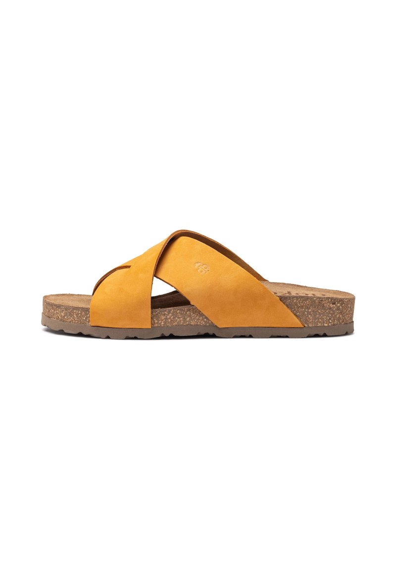 Gelbe Ankle Slide-Sandalen aus Wildleder mit überkreuzten Riemen und einer Korksohle. Die Außensohle ist braun und strukturiert für einen besseren Halt. Keine Beschläge oder auffälligen Muster.