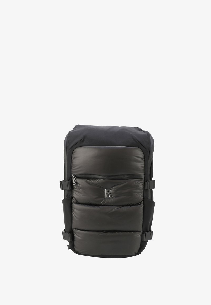 Črn napihljiv nahrbtnik s podloženim sprednjim delom, zadrgo in stranskimi zaponkami. Ima logotip spredaj in strukturirano zasnovo.