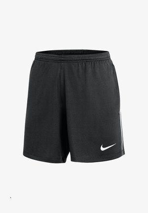 Pantaloncini sportivi neri con fascia elastica in vita, strisce laterali bianche e logo Nike swoosh bianco sulla parte inferiore della gamba sinistra.