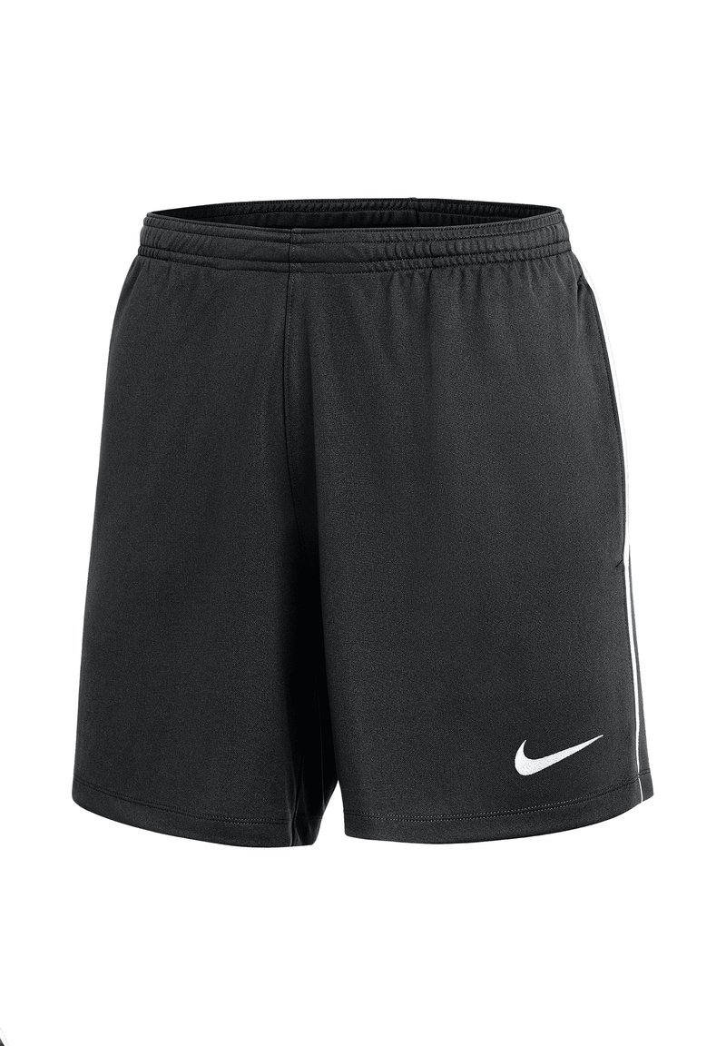 Pantalones cortos deportivos negros con cinturilla elástica, franjas laterales blancas y un logotipo blanco de Nike en forma de Swoosh en la pierna izquierda inferior.