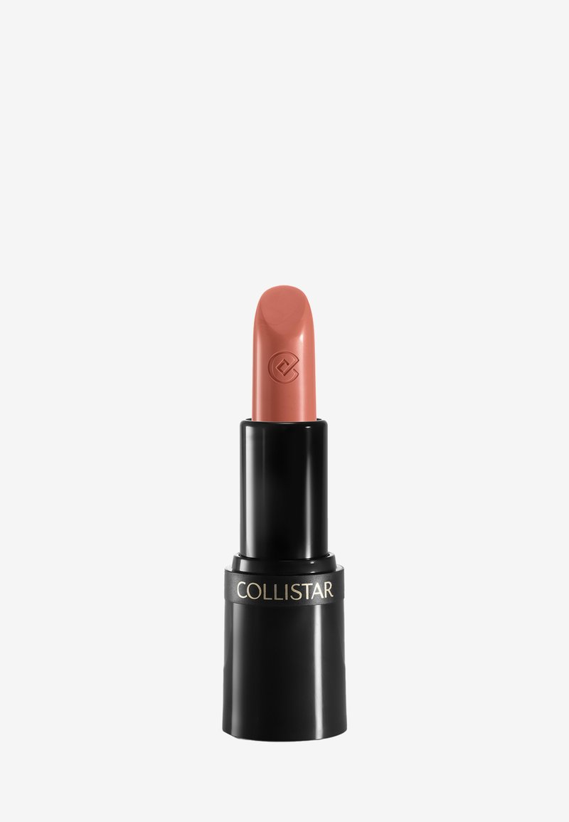 Rossetto Collistar nude rosa con logo in rilievo sulla punta e astuccio cilindrico nero con nome del marchio dorato.