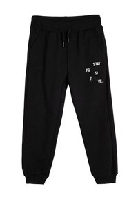 Schwarze Jogginghosen aus weichem Material, mit weißem Text, der "STAY POSITIVE" in verschiedenen Anordnungen zeigt. Enthält Seitentaschen und einen elastischen Abschluss an den Knöcheln.