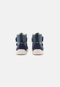 Zapatillas altas en azul marino y verde azulado, con materiales de ante y tela, que presentan correas de Velcro, costuras en contraste y una suela texturizada.