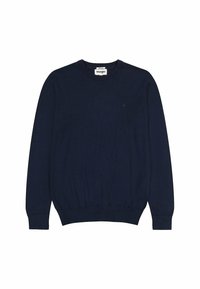 Maglione lavorato a maglia blu navy con colletto rotondo e maniche lunghe. Presenta polsini e orlo a coste, con un piccolo logo sul petto.