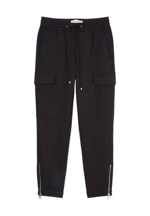 Pantalons de jogging noirs en tissu doux, dotés d'une taille élastique, d'un cordon de serrage ajustable, de poches cargo latérales et d'ouvertures zippées à la cheville.