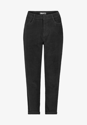 Black corduroy pants with a straight-leg cut, button closure, front pockets, and hemmed cuffs. Textured fabric with vertical ribbing.