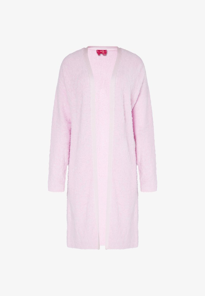 Roze pluizige cardigan met lange mouwen, open voorkant en lichtere afwerking. Heeft een zachte textuur en een ontwerp tot aan de knie.