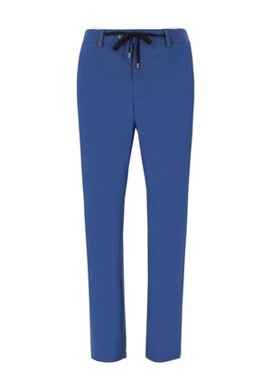 Pantaloni blu a gamba dritta con vita con coulisse nera e passanti per cintura, mostrati su sfondo bianco.