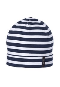Striped beanie hat in navy blue and white, soft cotton material with a fitted design and a small logo tag on the side.