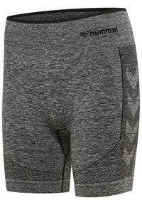 Shorts de sport gris chiné de la marque Hummel avec une ceinture noire, un motif en chevron sur le côté et des panneaux en maille texturée près de l'ourlet.