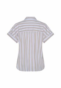 Chemise à manches courtes avec boutons, rayures verticales beige et blanc sur le corps et rayures horizontales sur les épaules et les manches.