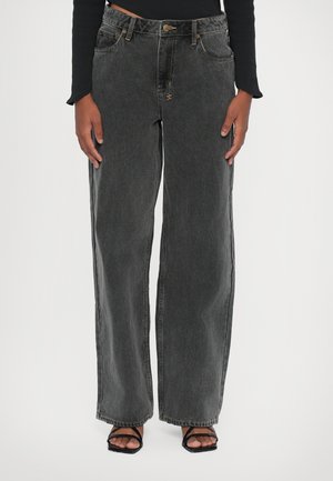 Leichte schwarze Jeans aus Denim mit einem lässigen, weit geschnittenen Schnitt, ausgestattet mit kupferfarbenen Nähten, fünf Taschen und minimalen Verzierungen.