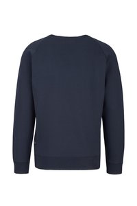Dunkelblaues Sweatshirt mit Rundhalsausschnitt, gerippten Bündchen und Saum sowie einer glatten Textur. Verfügt über ein kleines Markenlabel in der unteren linken Ecke.