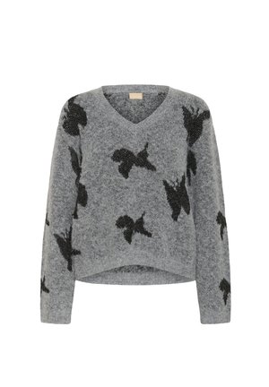 Maglione grigio con scollo a V, decorato con motivi di farfalle nere, maniche lunghe e design corto. Materiale a maglia morbido e strutturato.