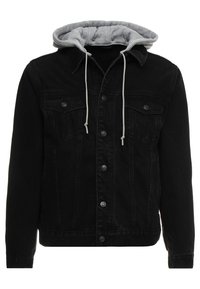 Schwarze Jeansjacke mit grauem Kapuzenaufsatz. Verfügt über Druckknöpfe, zwei Brusttaschen und eine lockere Passform. Glatte Textur, lässiges Design.