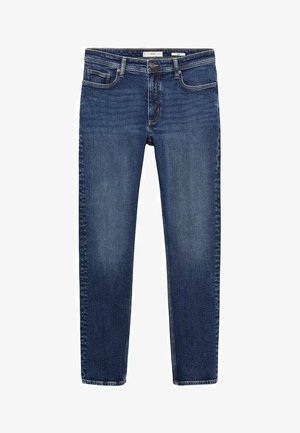 Tmavomodré denimové džínsy so slim fit strihom, dizajnom s piatimi vreckami a jemnými ševmi. Obsahujú klasické zapínanie na gombík a zips.