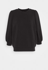 Black sweatshirt made of soft fabric, featuring a rounded neckline, puffed sleeves, and a ribbed hem, with a smooth texture and simple design.