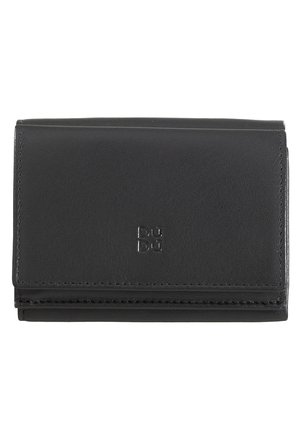 Black leather wallet with a fold-over design, compact shape, and embossed logo on the front. Smooth texture and minimal stitching details.