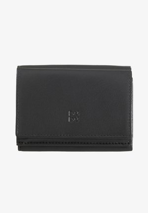 Black leather wallet with a fold-over design, compact shape, and embossed logo on the front. Smooth texture and minimal stitching details.