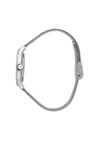 Orologio argento con cassa rettangolare sottile, cinturino a catena texturizzato e un design floreale sulla corona. Finitura liscia e elegante.