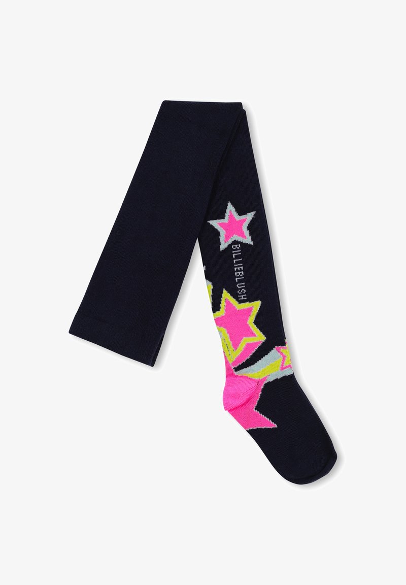 Tamsiai mėlynos pėdkelnės su ryškiai rožinėms, geltonoms ir pilkoms žvaigždutėms bei tekstu palei koją, sulankstytos viršuje.