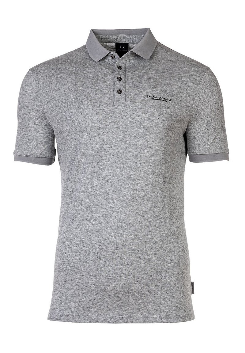 Polo gris en mélange de coton doux, doté d'un col, d'une patte de boutonnage à trois boutons et d'accents gris contrastants sur les manches. Logo Armani Exchange affiché.