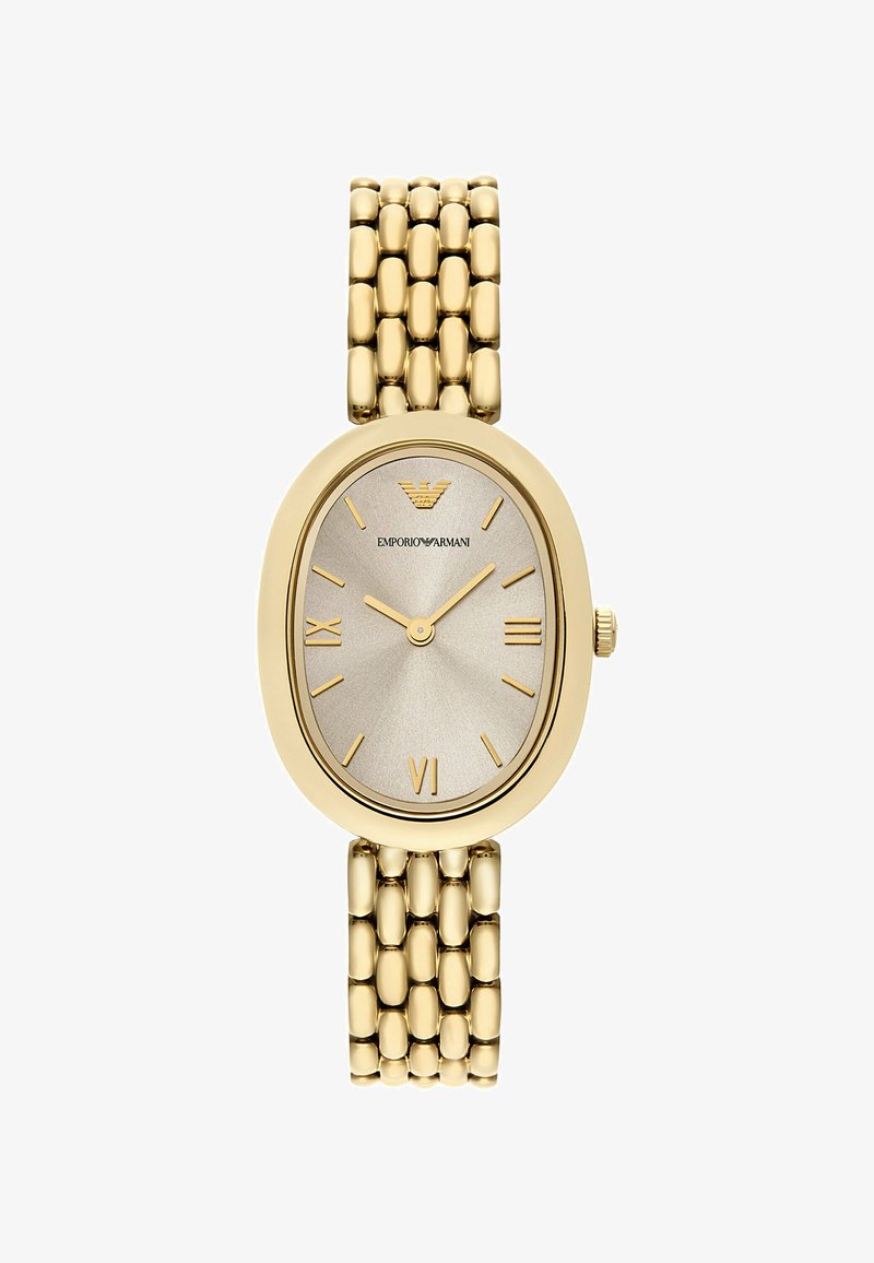 Goldene ovale Uhr mit silbernem Zifferblatt, römischen Ziffern und einem strukturierten Gliederarmband. Zeigt ein Logo oben auf dem Zifferblatt und eine Krone an der Seite.