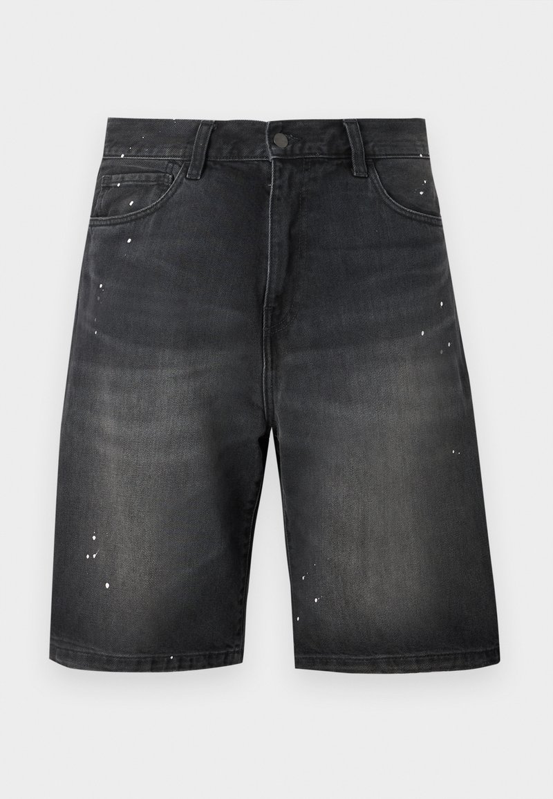 Black denim shorts with a button and zipper closure, front pockets, belt loops, and small white paint splatters.