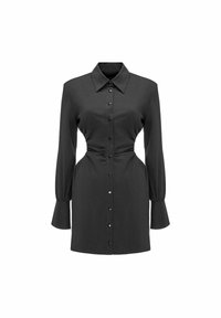 Svart skjortklänning med krage, långa puffärmar och knäppning fram. Tyget har en slät yta med en figursydd midja.