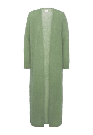 Cardigan long vert doux à ouverture avant, manches longues et poignets côtelés, en tissu tricoté duveteux.