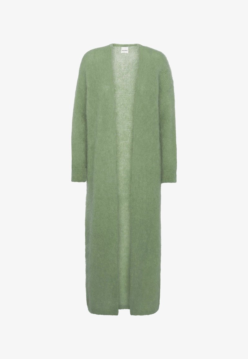 Cardigan long vert doux à ouverture avant, manches longues et poignets côtelés, en tissu tricoté duveteux.
