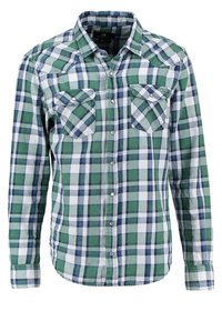 Camisa de manga larga de cuadros en verde y azul, de tela de algodón, con dos bolsillos en el pecho, cierre de botones en la parte delantera y dobladillo redondeado.