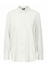 Weißes Langarmhemd mit Button-Down-Kragen, einer Brusttasche und glattem Material; mit passenden Knöpfen entlang der Vorderseite.