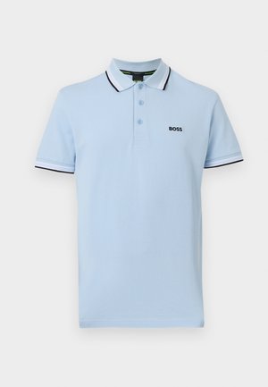 Light blue short-sleeve polo shirt with black and white trim on collar and sleeves, three buttons, and "BOSS" logo on chest.