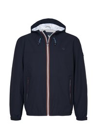 Marineblauwe gewatteerde jas met witte voering, voorrits en zijzakken. Voorzien van contrasterende afwerking en verstelbare trekkoorden in de capuchon.