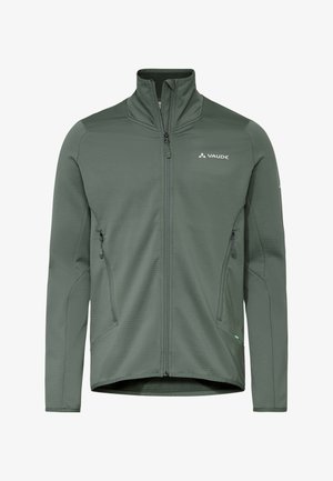 Veste d'extérieur verte à fermeture éclair complète avec col montant, deux poches latérales zippées et logo Vaude sur la poitrine gauche et la manche droite.